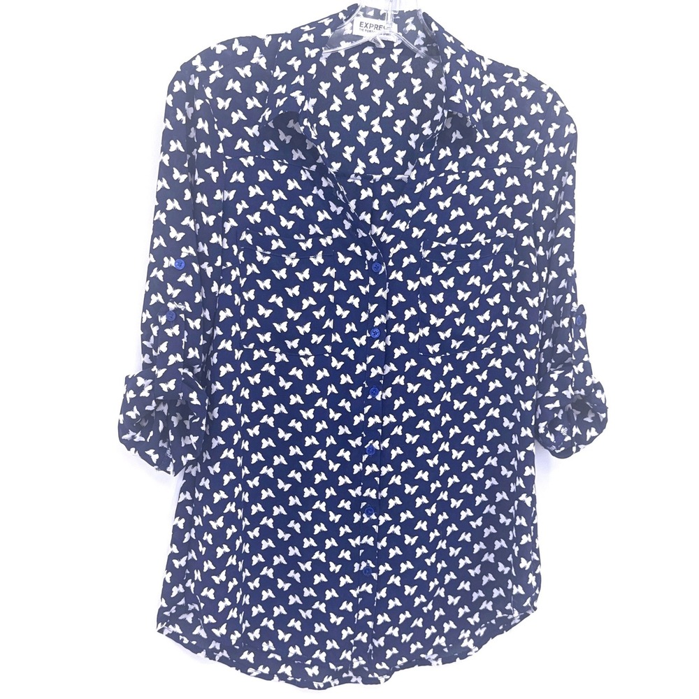 Express Portofino Butterfly Print Women's Shirt Size S Navy Blue Roll Tab Sleeve - Picture 2 of 8